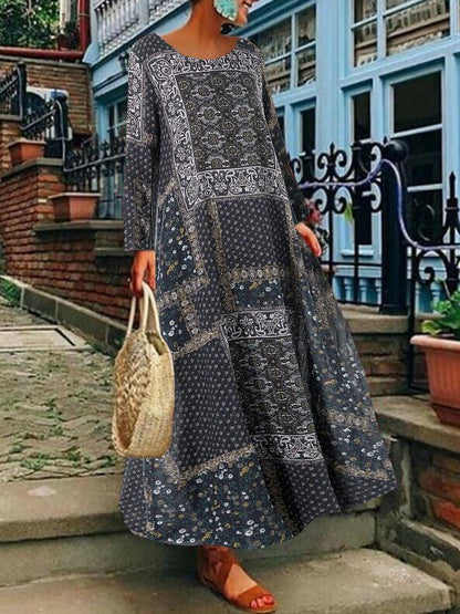 Women's Dresses Round Neck Long Sleeve Retro Print Dress - LuckyFash™