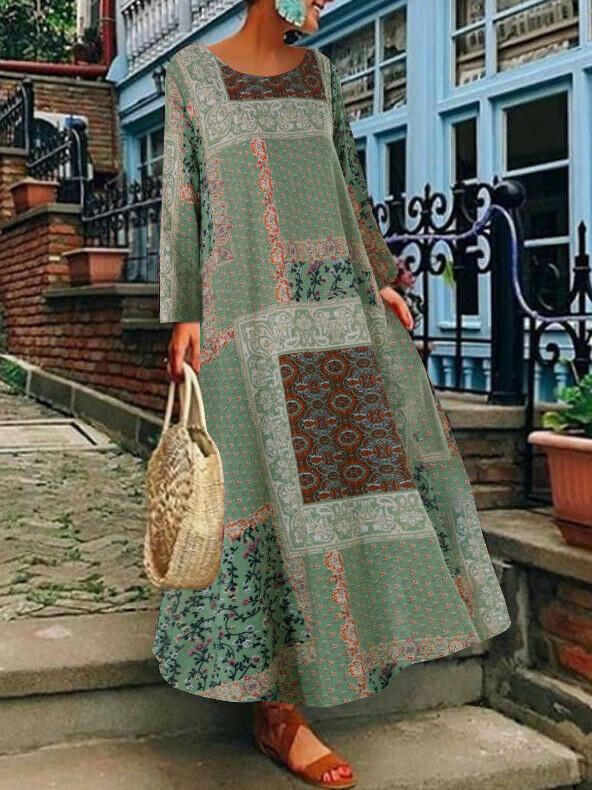 Dresses Round Neck Long Sleeve Retro Print Dress for Women