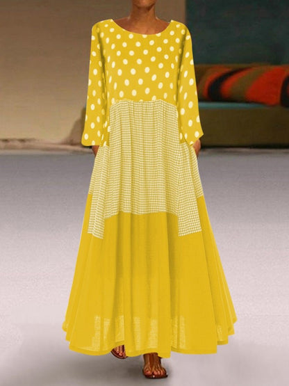 Maxi Dresses - Round Neck Polka Dot Pocket Long Sleeve Dress - MsDressly