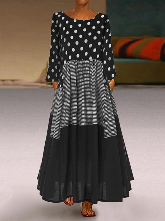 Maxi Dresses - Round Neck Polka Dot Pocket Long Sleeve Dress - MsDressly