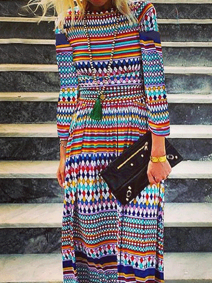 Women's Dresses Round Neck Rainbow Striped Long Sleeve Dress - LuckyFash™