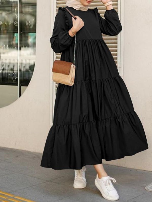 Dresses Round Neck Ruffled Pleated Long Sleeve Dress for Women