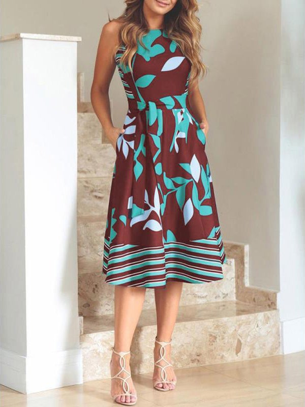 Women's Dresses Round Neck Sleeveless Print Belted Dress - LuckyFash™