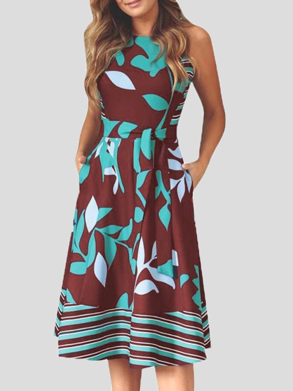 Dresses Round Neck Sleeveless Print Belted Dress for Women