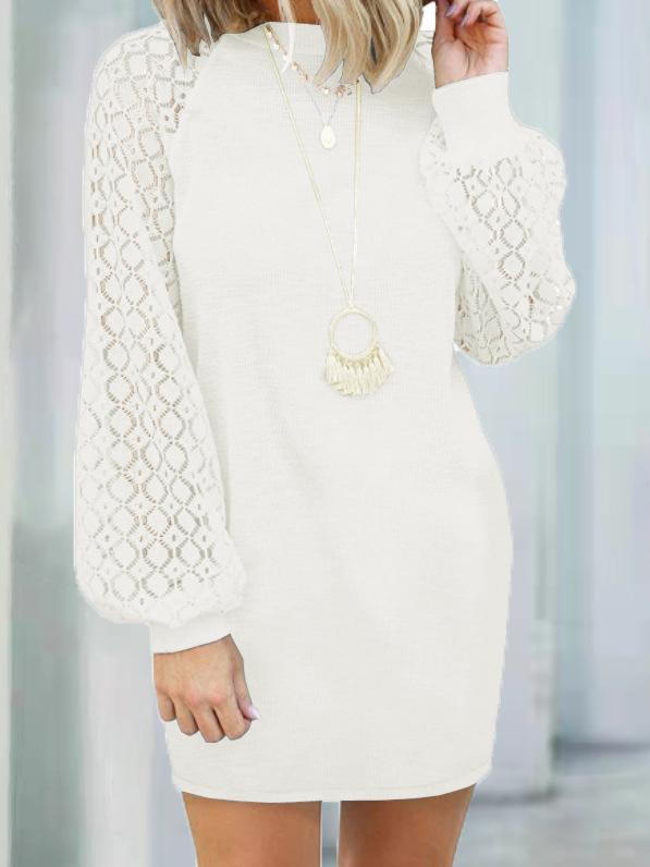 Round Neck Stitching Lace Long Sleeve Dress