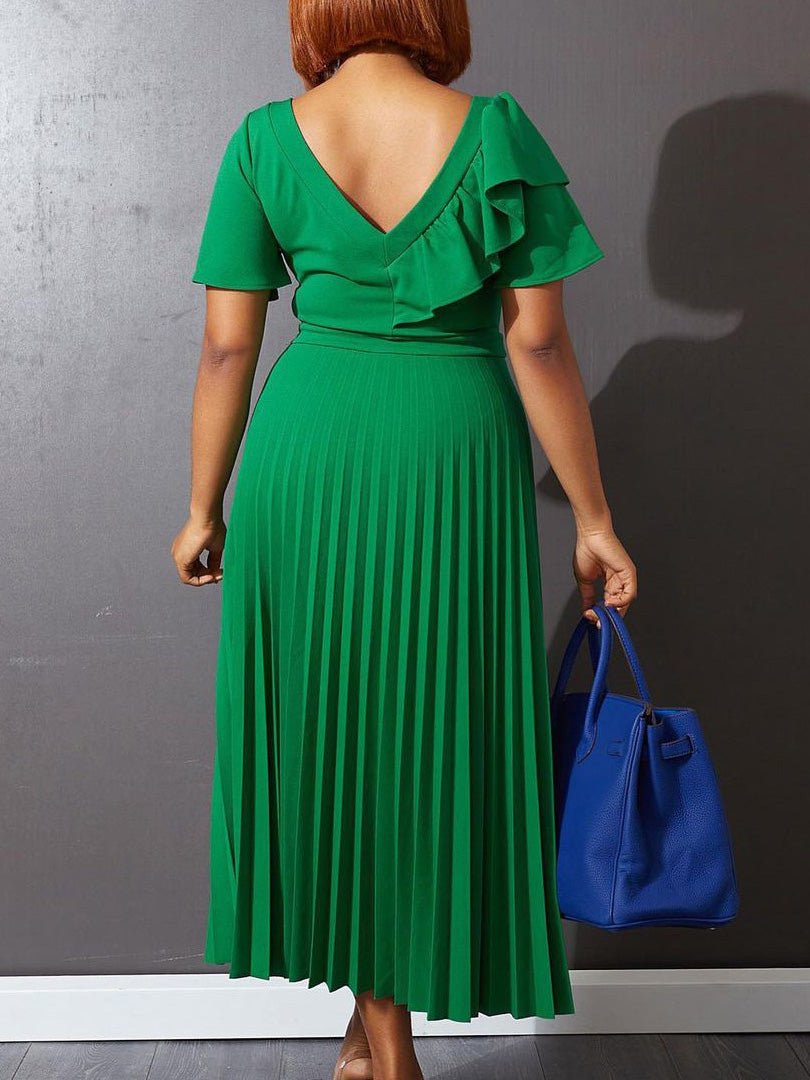 Maxi Dresses - Ruffled Pleated Short Sleeve Dress - MsDressly