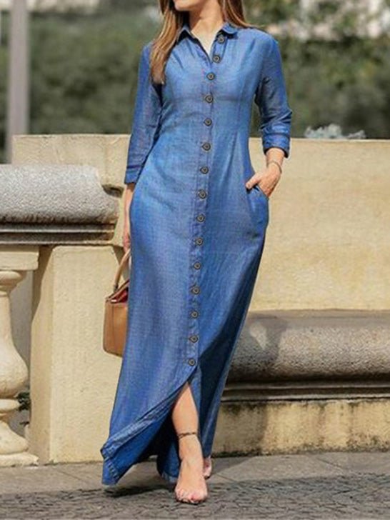 Dresses Shirt Collar Button Long Sleeve Denim Dress for Women