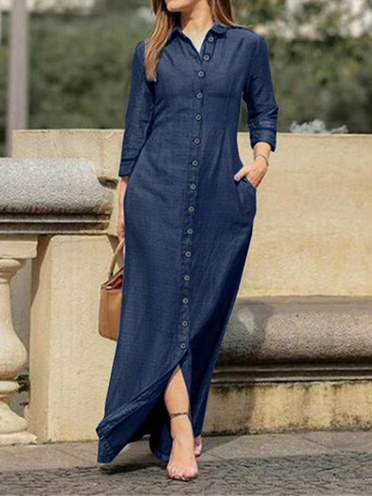 Dresses Shirt Collar Button Long Sleeve Denim Dress for Women