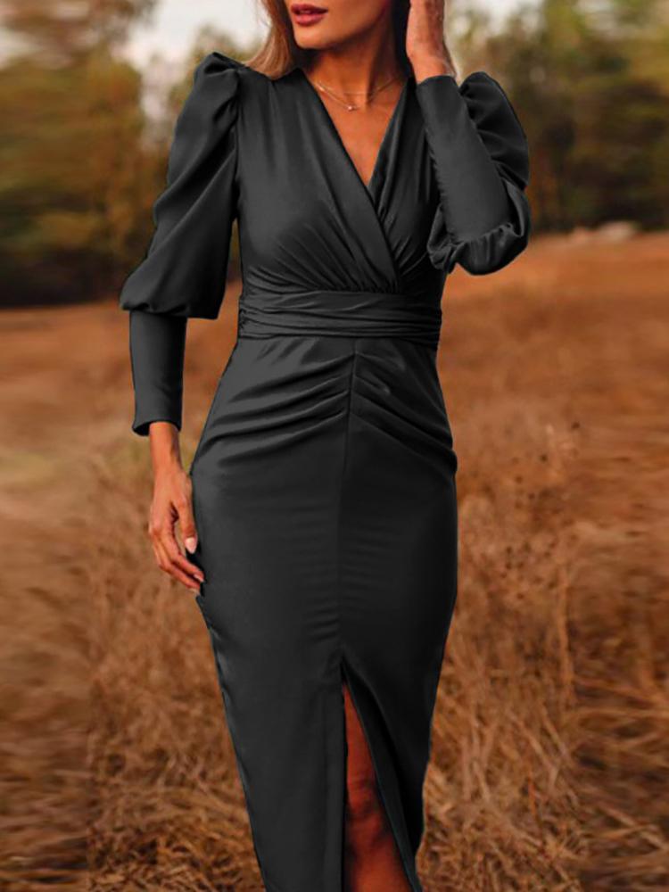 Women's Dresses Simple Solid V-Neck Long Sleeve Split Dress - LuckyFash™