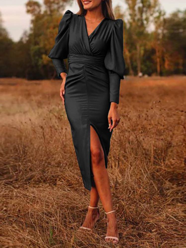 Women's Dresses Simple Solid V-Neck Long Sleeve Split Dress - LuckyFash™