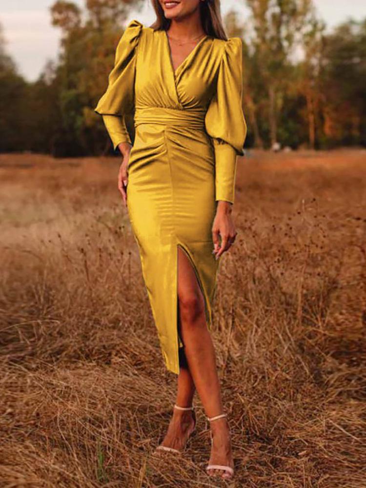 Women's Dresses Simple Solid V-Neck Long Sleeve Split Dress - LuckyFash™