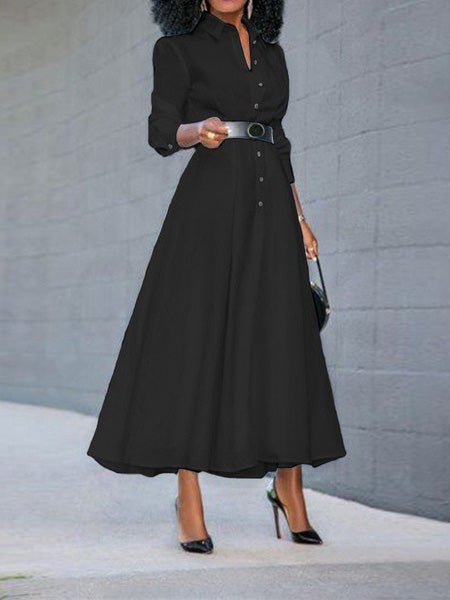 Maxi Dresses - Single Breasted Lapel Long Sleeve Slit Dress - MsDressly