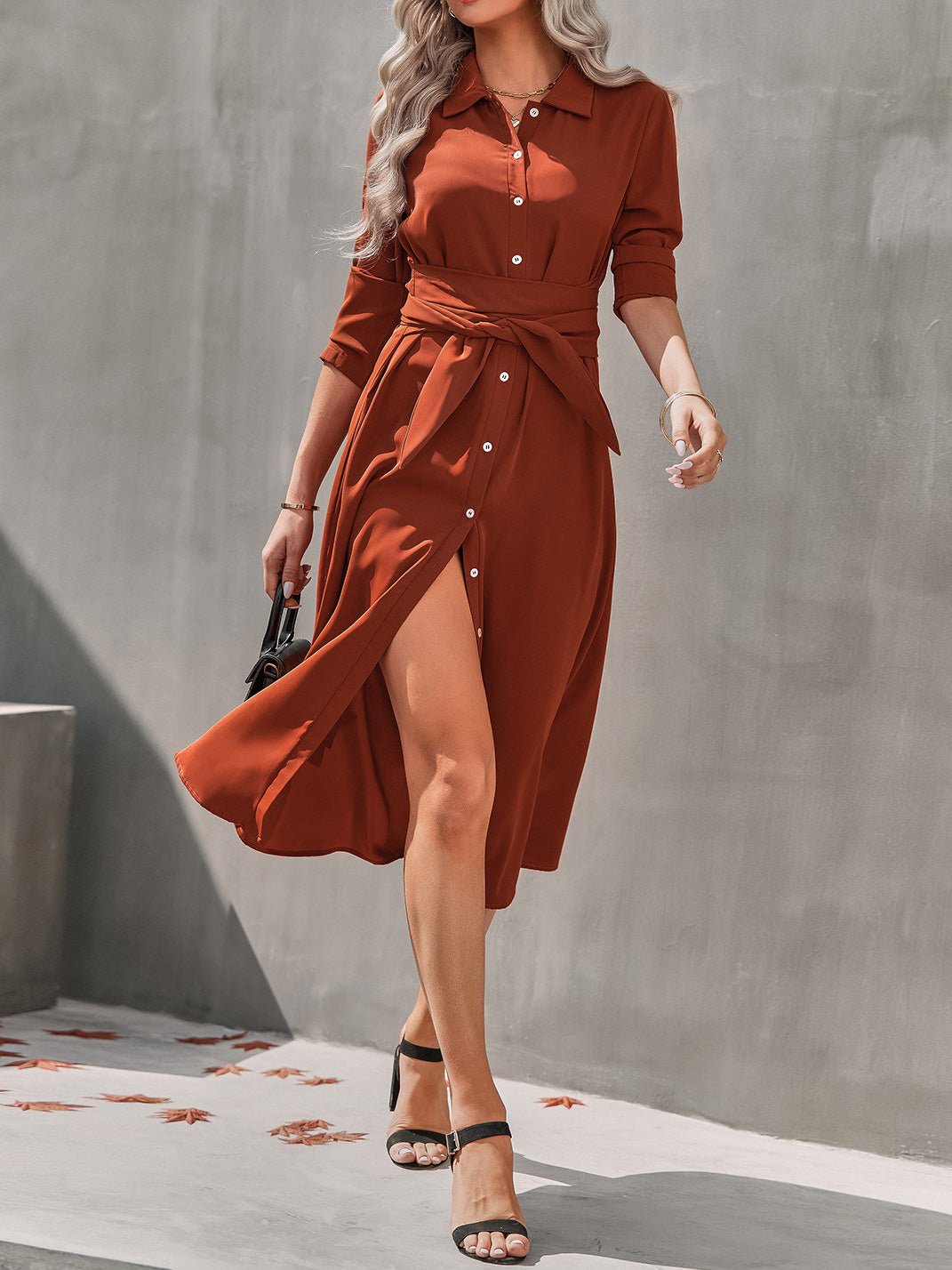 Maxi Dresses - Single Breasted Long Sleeve Shirt Dress - MsDressly