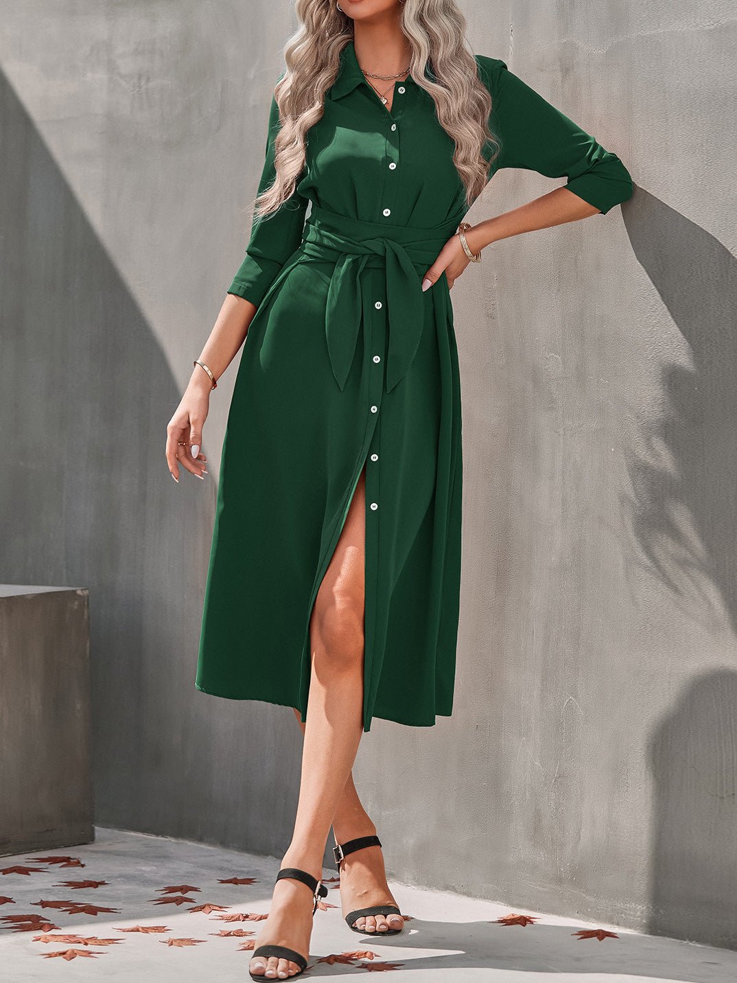 Maxi Dresses - Single Breasted Long Sleeve Shirt Dress - MsDressly