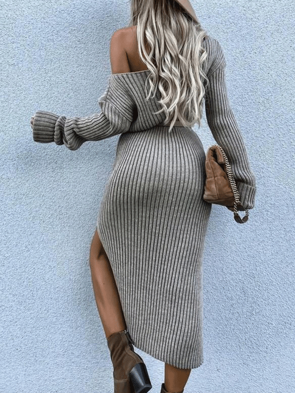 Women's Dresses Slanted Shoulder Long Sleeve Split Dress - LuckyFash™