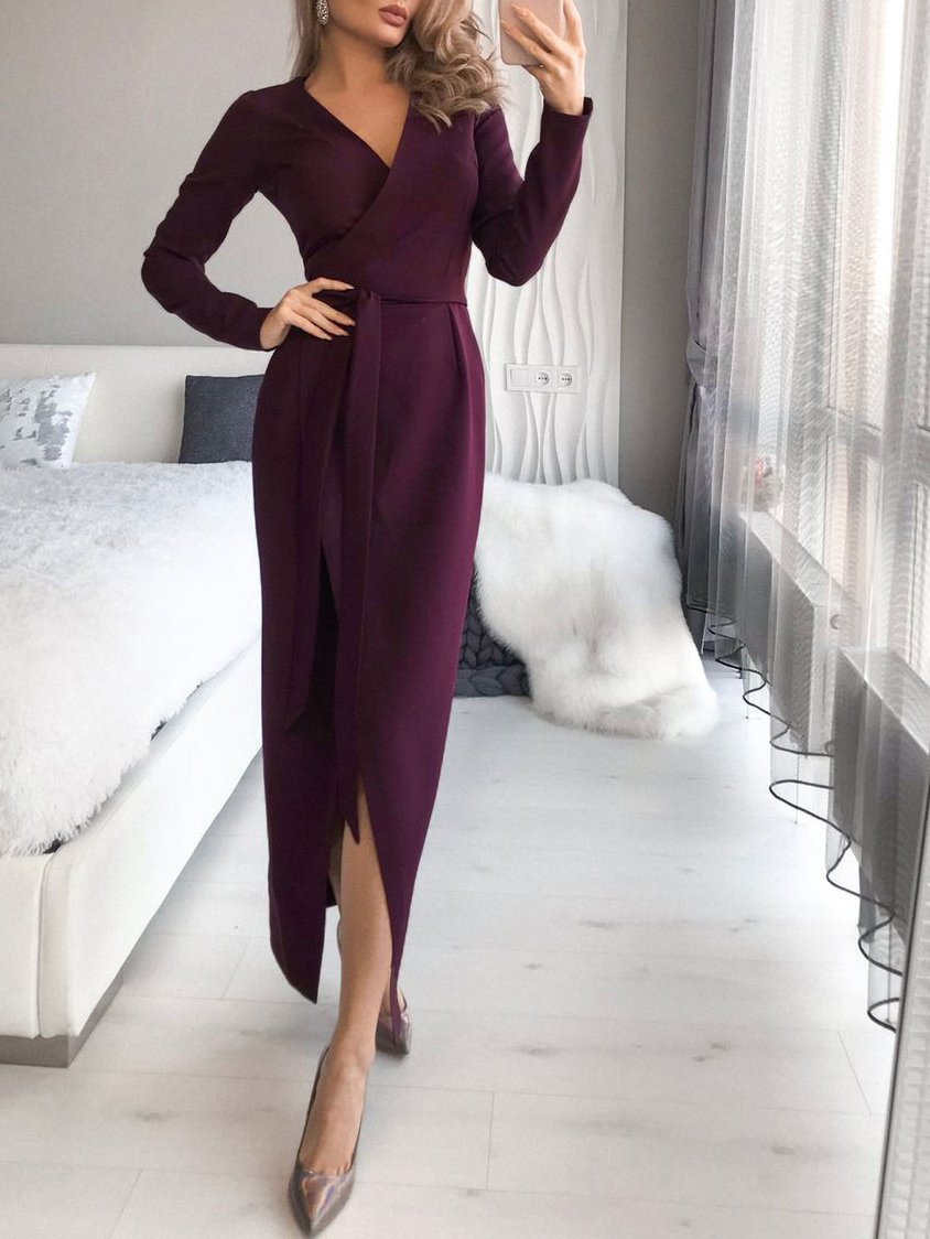 Women's Dresses Slim-Fit Solid Tie V-Neck Long Sleeve Slit Dress - LuckyFash™