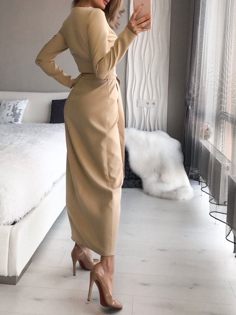 Women's Dresses Slim-Fit Solid Tie V-Neck Long Sleeve Slit Dress - LuckyFash™