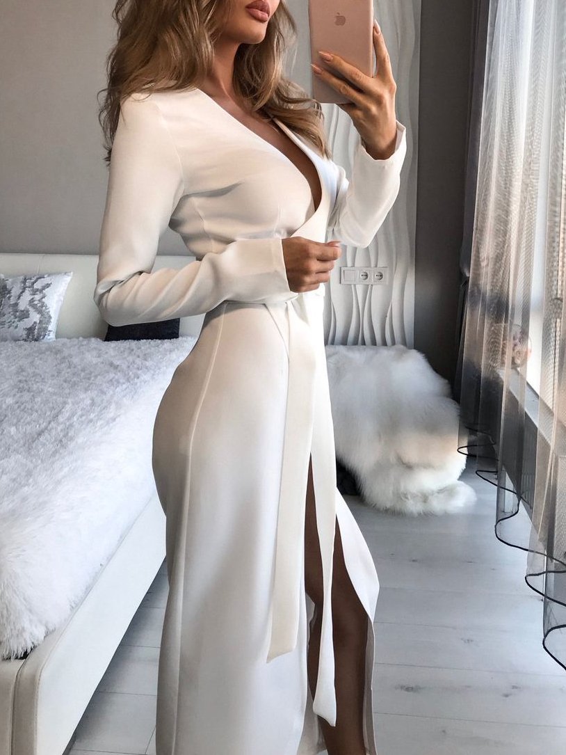 Dresses Slim-Fit Solid Tie V-Neck Long Sleeve Slit Dress for Women