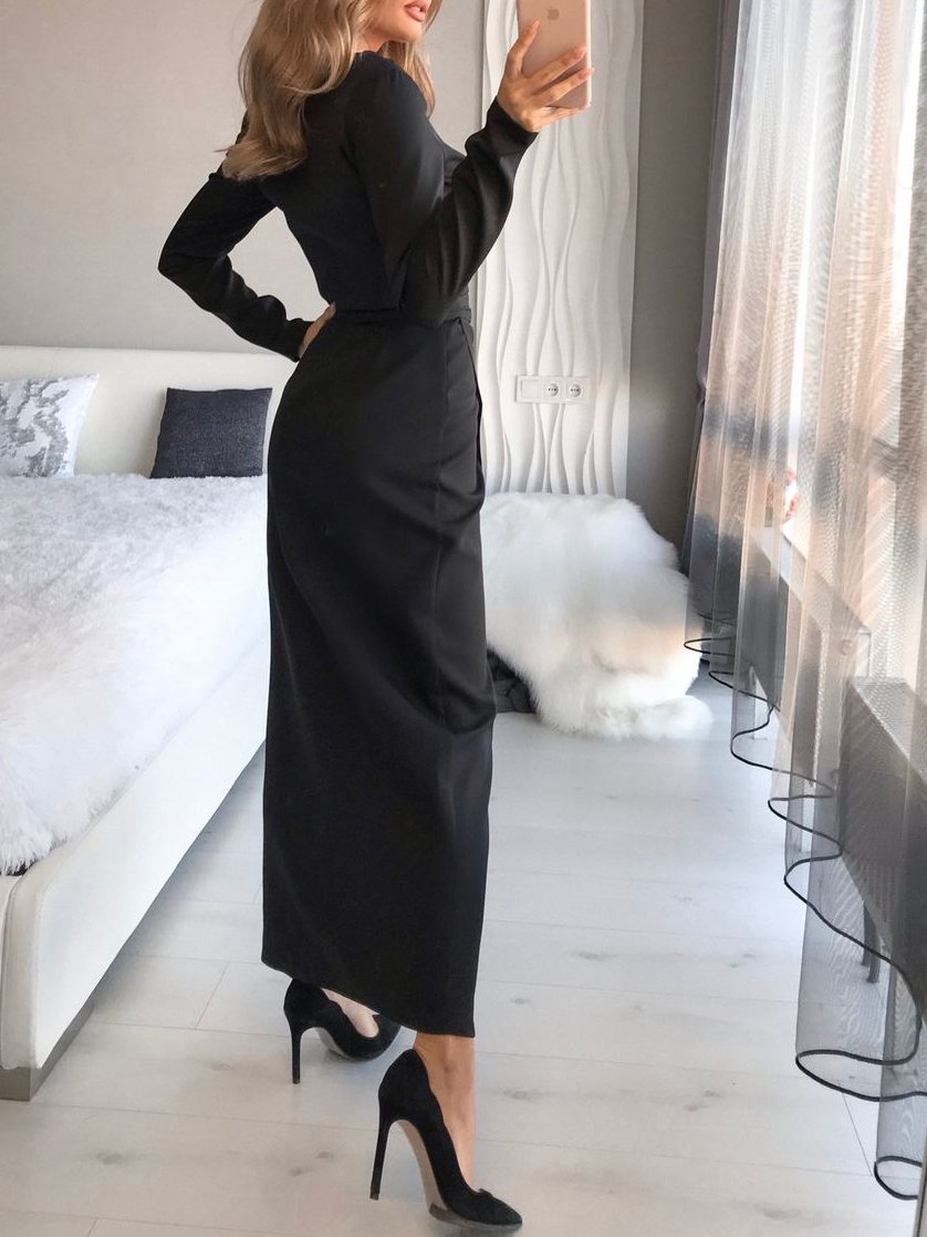 Women's Dresses Slim-Fit Solid Tie V-Neck Long Sleeve Slit Dress - LuckyFash™