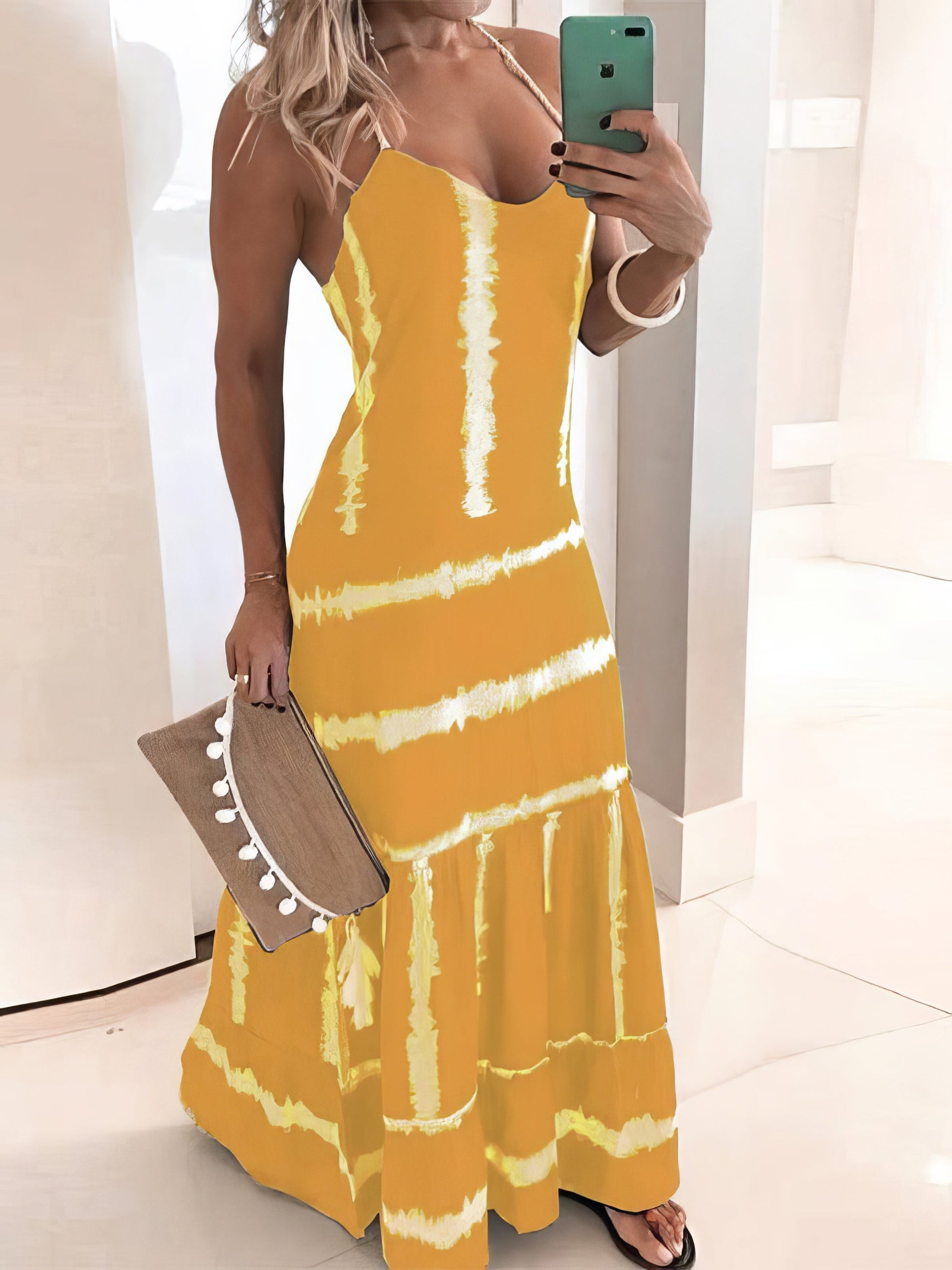 Maxi Dresses - Sling Stripe Print Sleeveless Fitted Dress - MsDressly