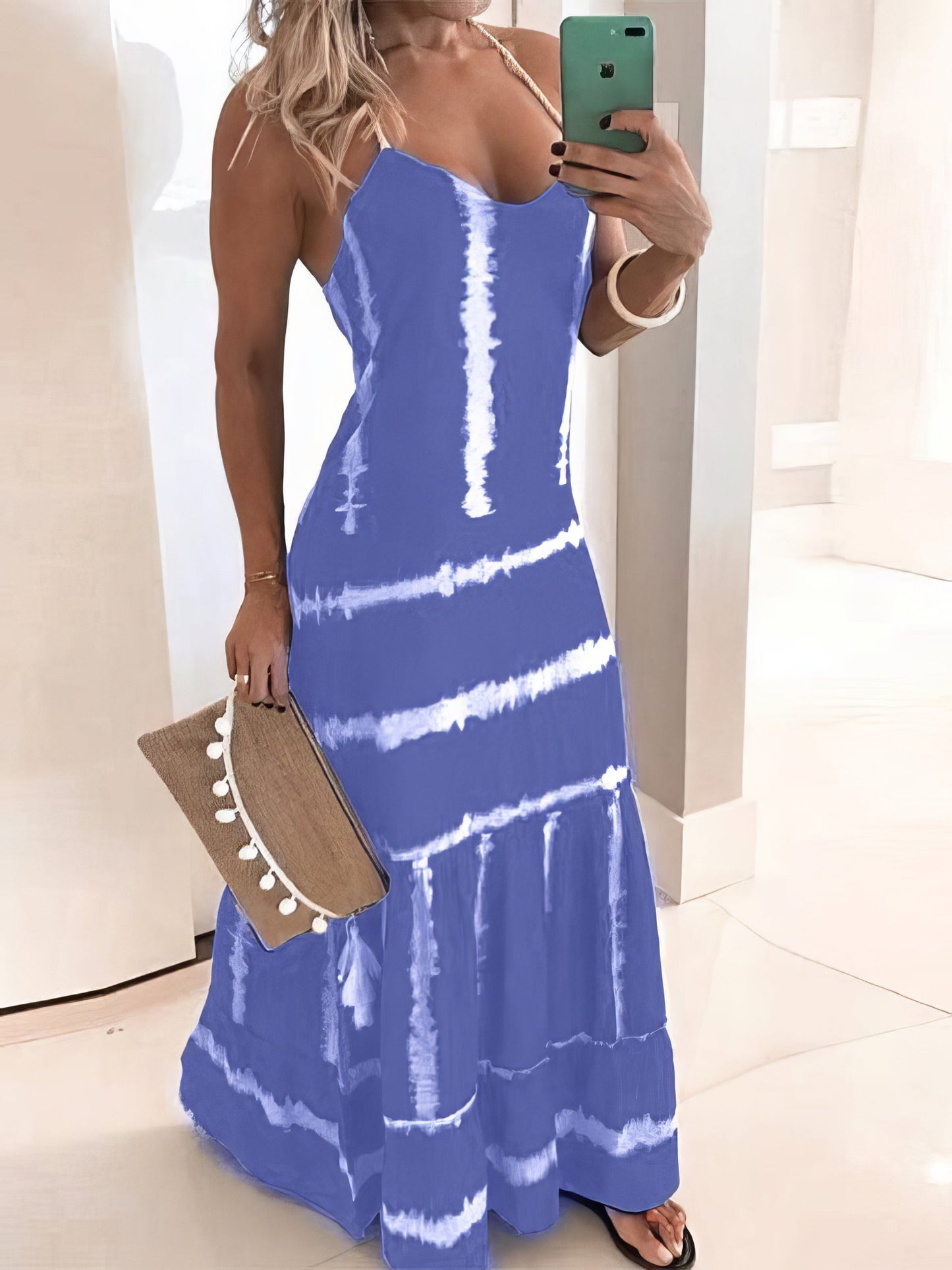 Maxi Dresses - Sling Stripe Print Sleeveless Fitted Dress - MsDressly