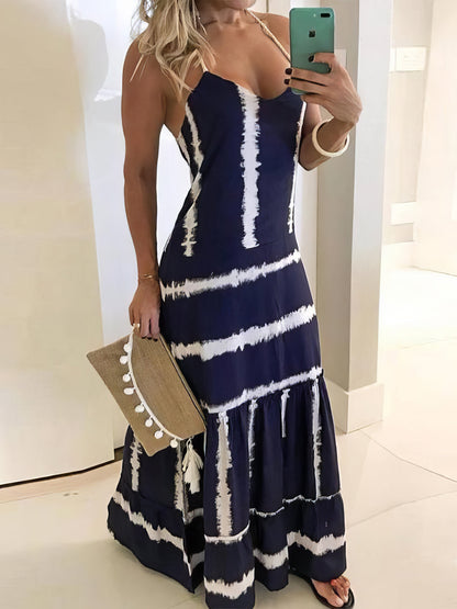 Maxi Dresses - Sling Stripe Print Sleeveless Fitted Dress - MsDressly