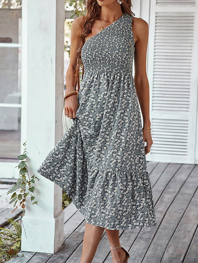 Women's Dresses Sloping Shoulder Floral Print Midi Dress - LuckyFash™