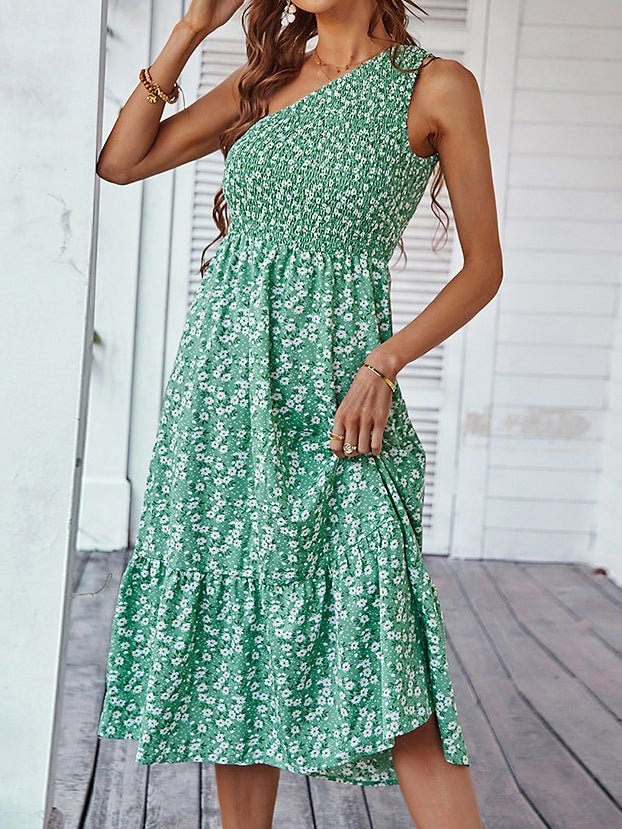 Dresses Sloping Shoulder Floral Print Midi Dress for Women