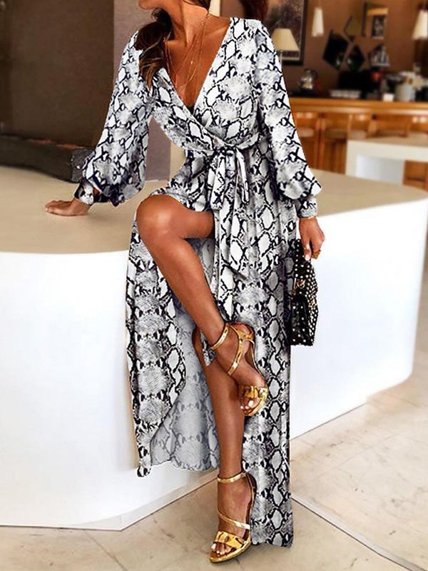 Dresses Snake Print Deep V Neck Long Sleeve Slit Dress for Women