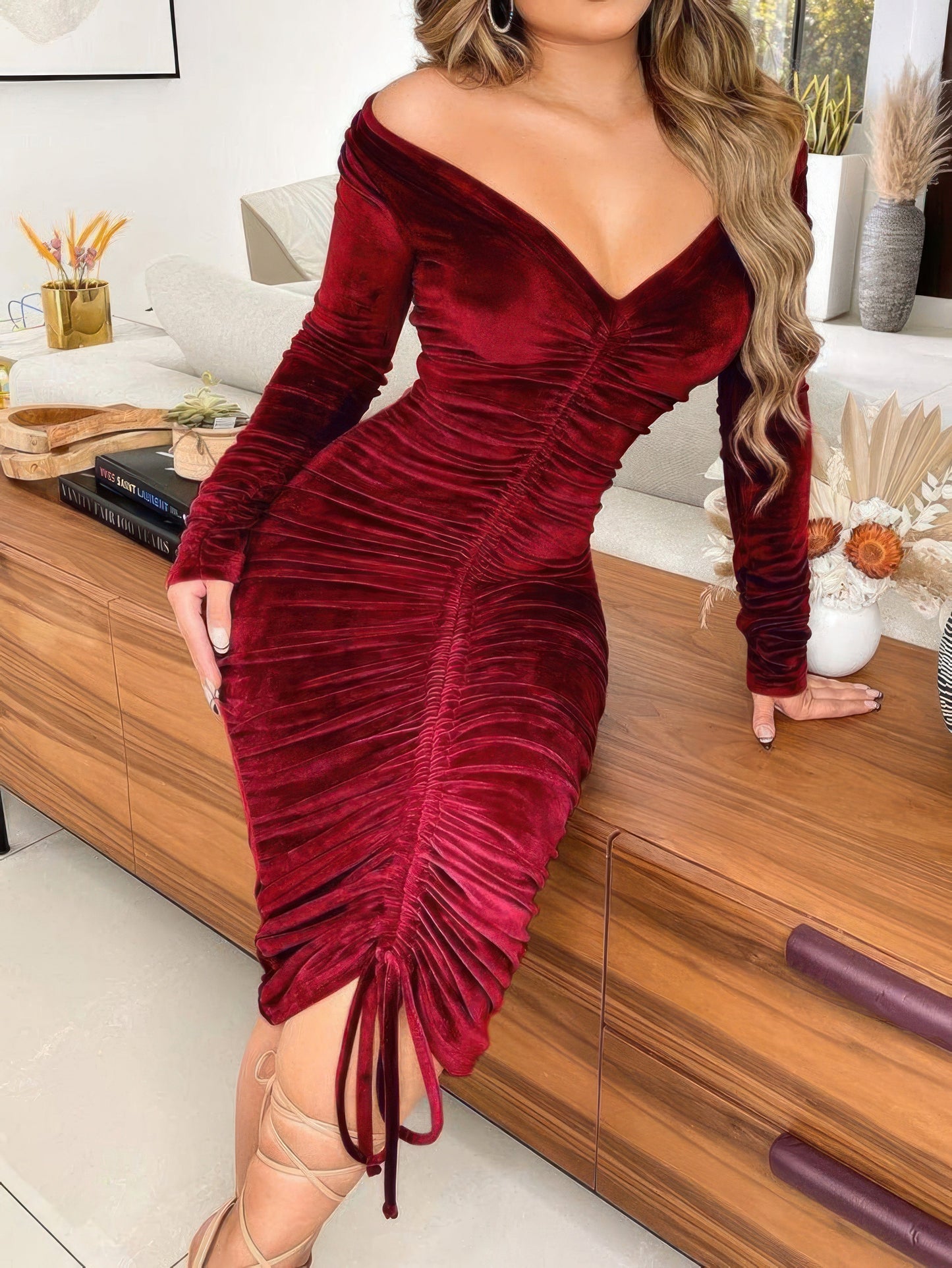 Solid Gold Velvet Drawstring Long Sleeve Dress