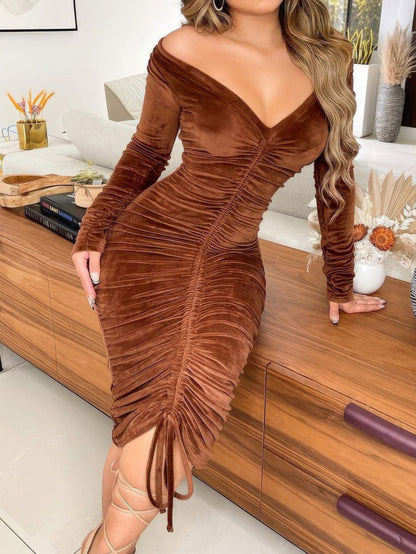 Maxi Dresses - Solid Gold Velvet Drawstring Long Sleeve Dress - MsDressly