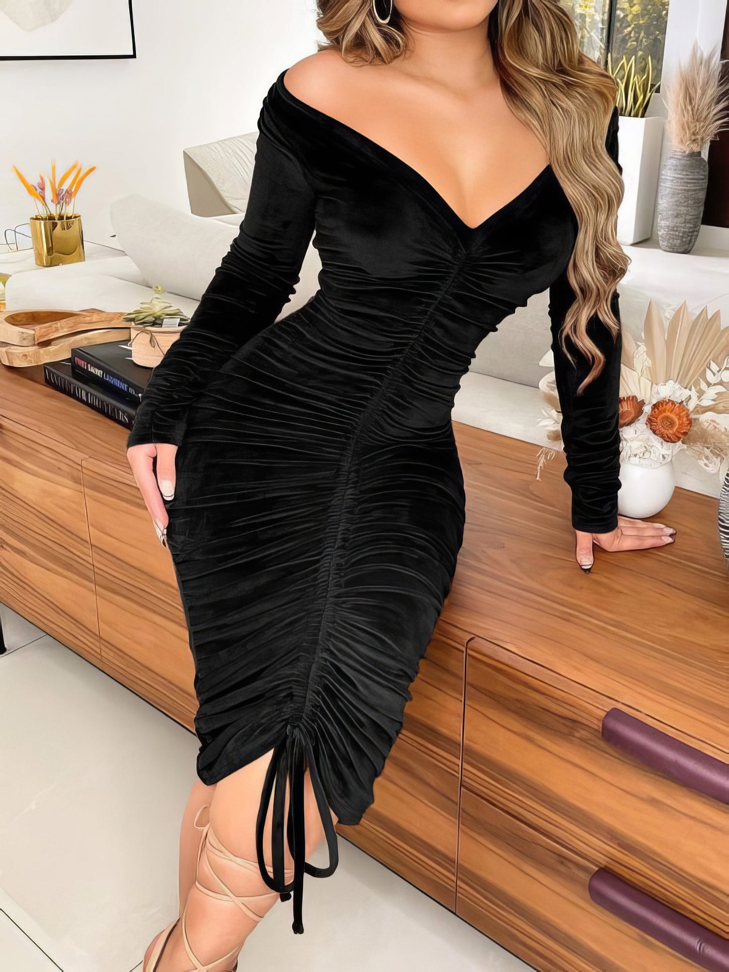 Solid Gold Velvet Drawstring Long Sleeve Dress