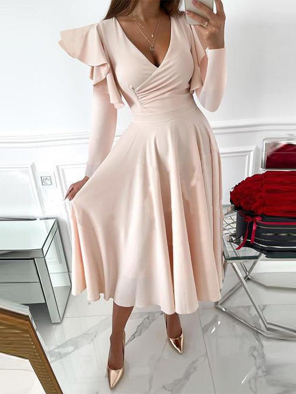 Women's Dresses Solid High Waist Ruffle Long Sleeve Dress - LuckyFash™