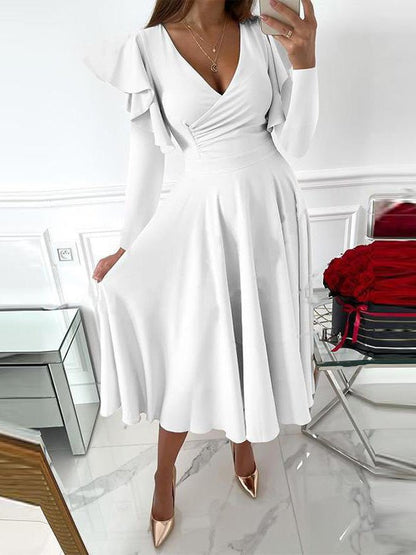 Women's Dresses Solid High Waist Ruffle Long Sleeve Dress - LuckyFash™