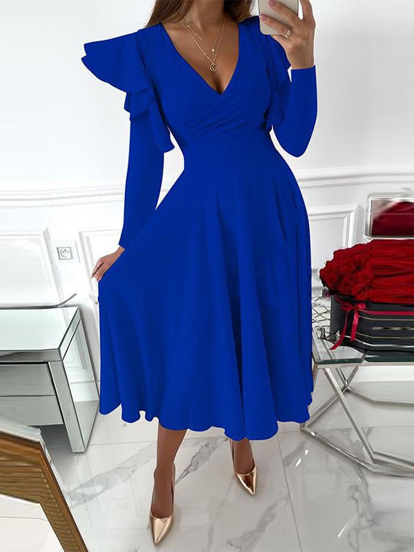 Women's Dresses Solid High Waist Ruffle Long Sleeve Dress - LuckyFash™