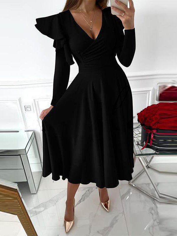 Women's Dresses Solid High Waist Ruffle Long Sleeve Dress - LuckyFash™