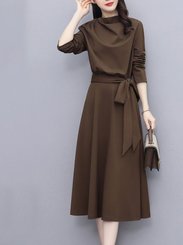 Maxi Dresses - Solid Lace-Up Long Sleeve Dress - MsDressly