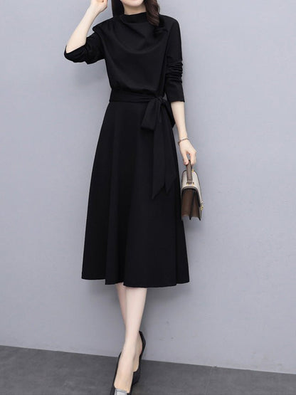 Solid Lace-Up Long Sleeve Dress