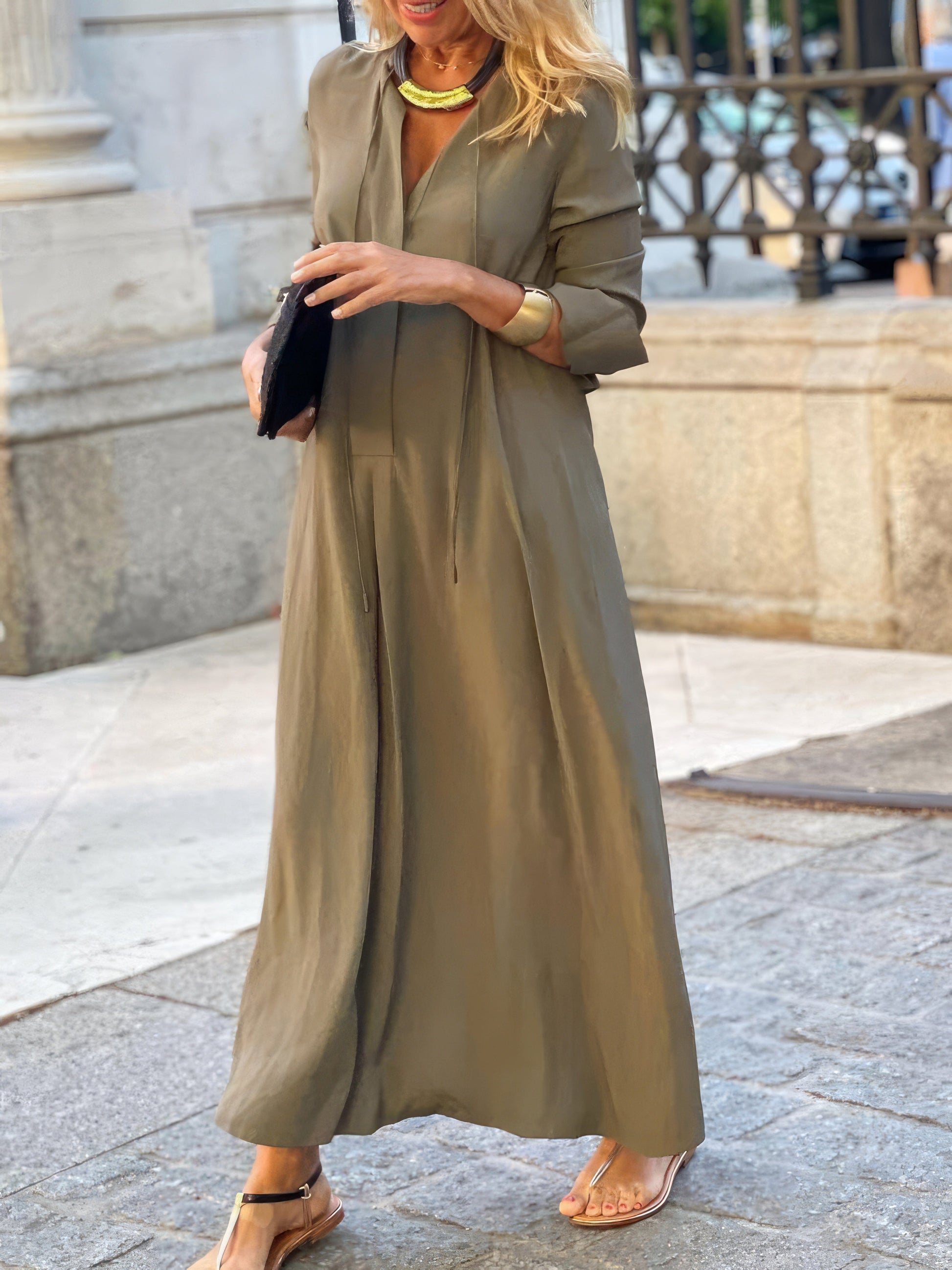 Maxi Dresses - Solid Lapel Long Sleeve Casual Dress - MsDressly