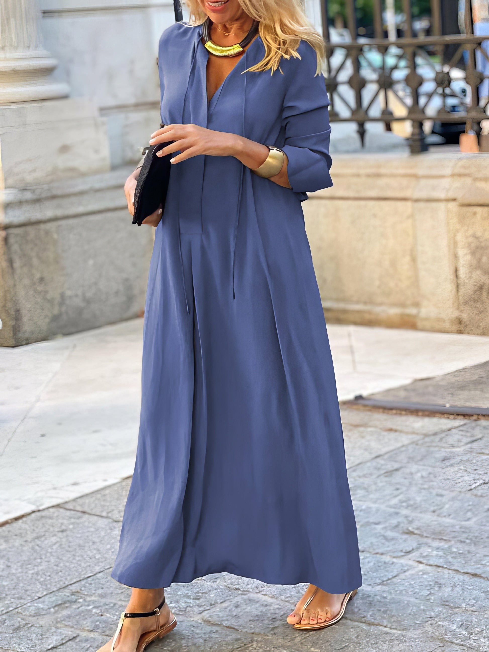 Maxi Dresses - Solid Lapel Long Sleeve Casual Dress - MsDressly