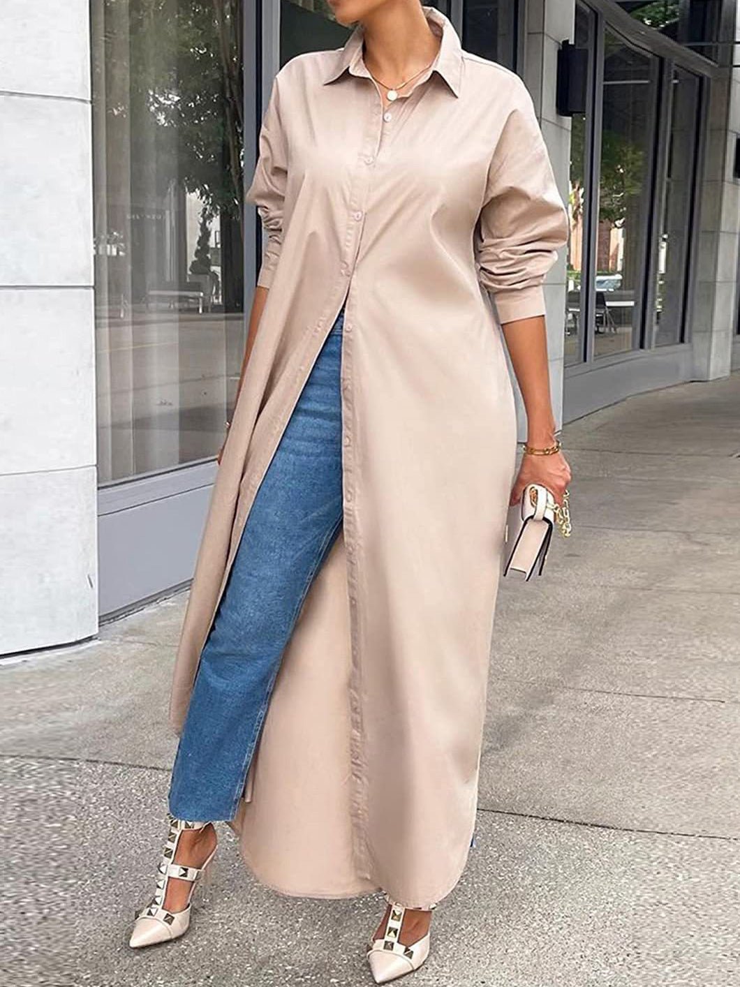 Women's Dresses Solid Long Sleeve Slit Shirt Dress - LuckyFash™