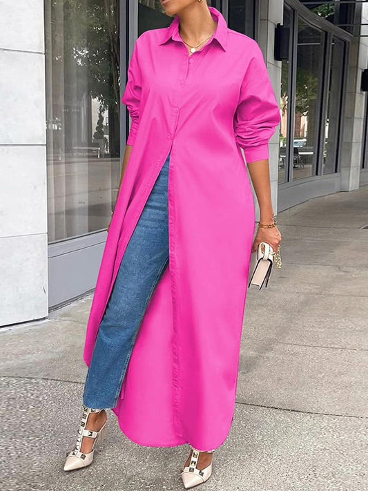 Dresses Solid Long Sleeve Slit Shirt Dress for Women