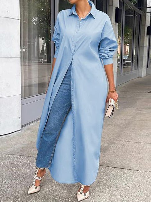 Dresses Solid Long Sleeve Slit Shirt Dress for Women