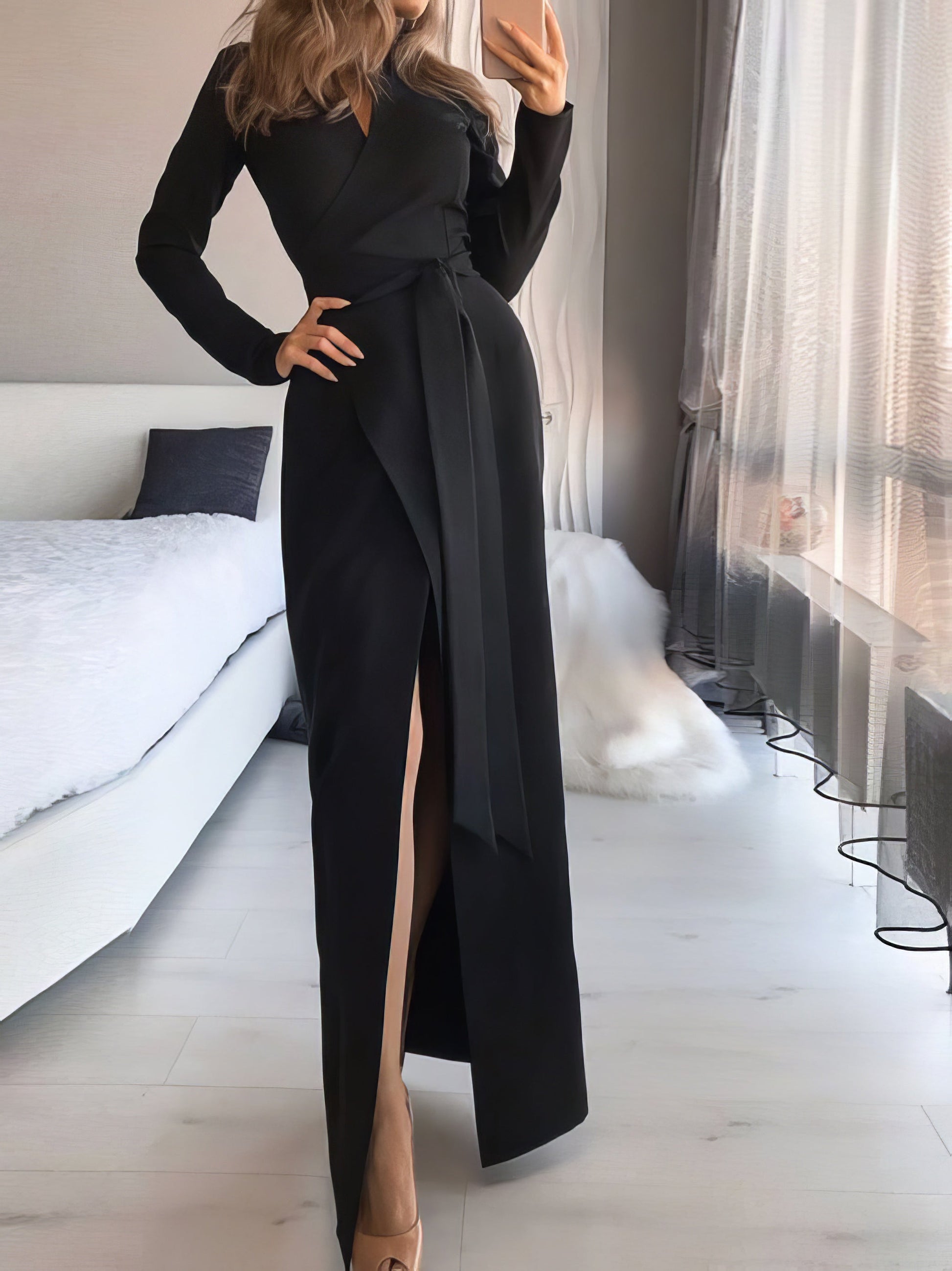 Maxi Dresses - Solid Long Sleeve Slit Slim Dress - MsDressly