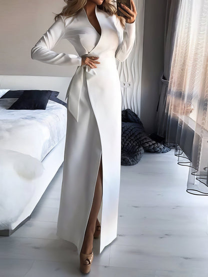 Maxi Dresses - Solid Long Sleeve Slit Slim Dress - MsDressly