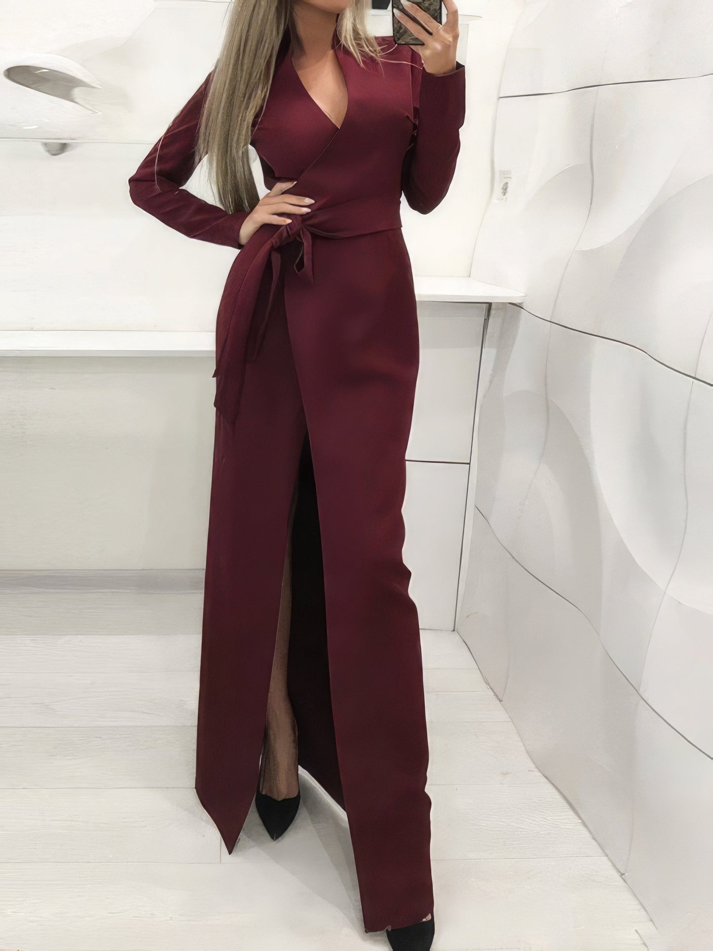 Maxi Dresses - Solid Long Sleeve Slit Slim Dress - MsDressly