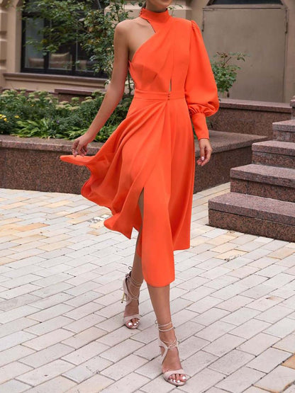 Women's Dresses Solid One Shoulder Hollow Long Sleeve Dress - LuckyFash™