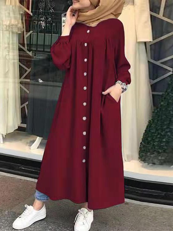 Women's Dresses Solid Pocket Button Long Sleeve Shirt Dress - LuckyFash™