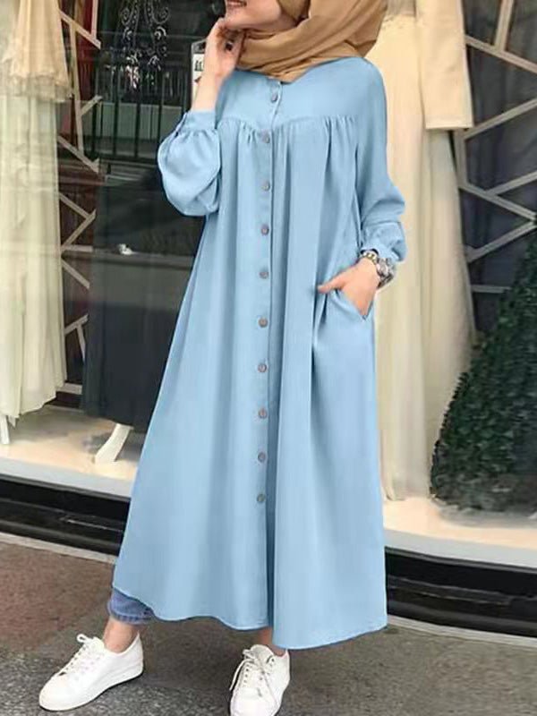 Dresses Solid Pocket Button Long Sleeve Shirt Dress for Women