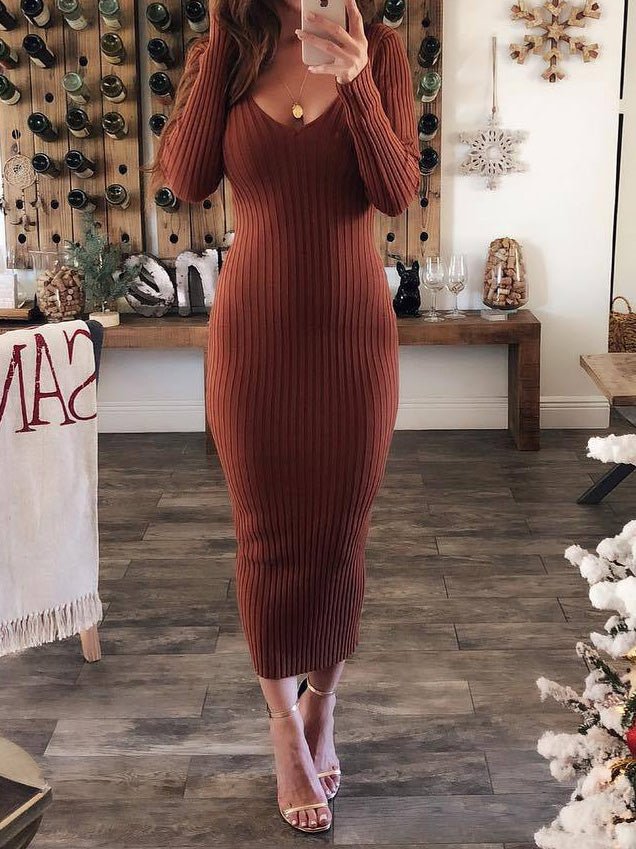 Women's Dresses Solid Round Neck Long Sleeve Slim Fit Dress - LuckyFash™